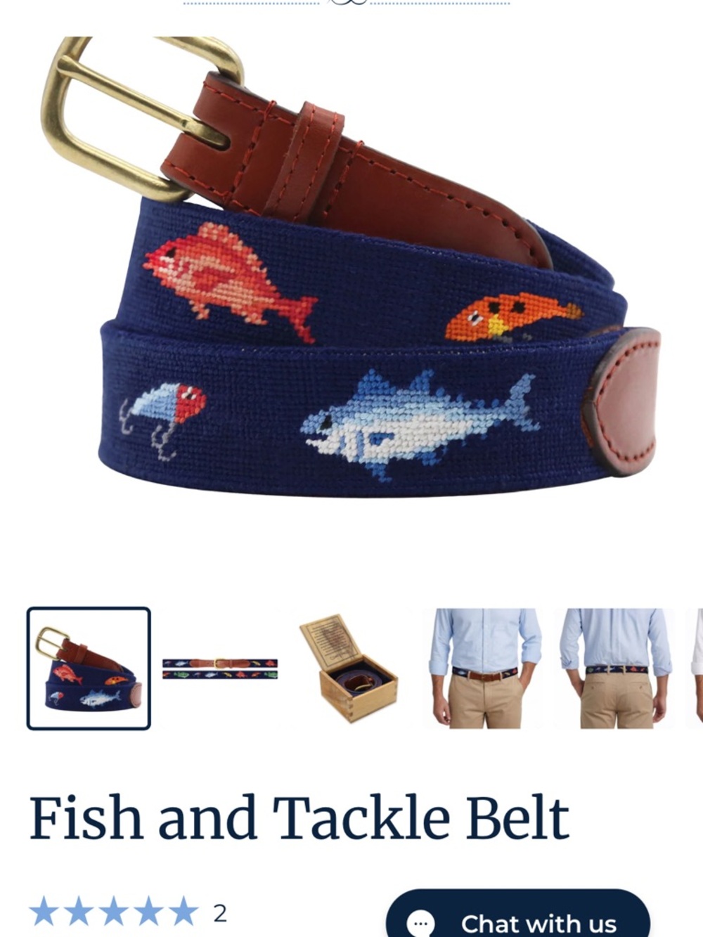 Smathers&Branson NWT+Box Fish and Tackle Navy Needlepoint Belt w/ Brown Leather